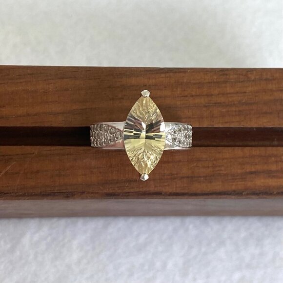 Sterling Silver 925 BBJ Marquise Faceted Yellow CZ & Clear Spinel Accent Ring - Picture 12 of 16